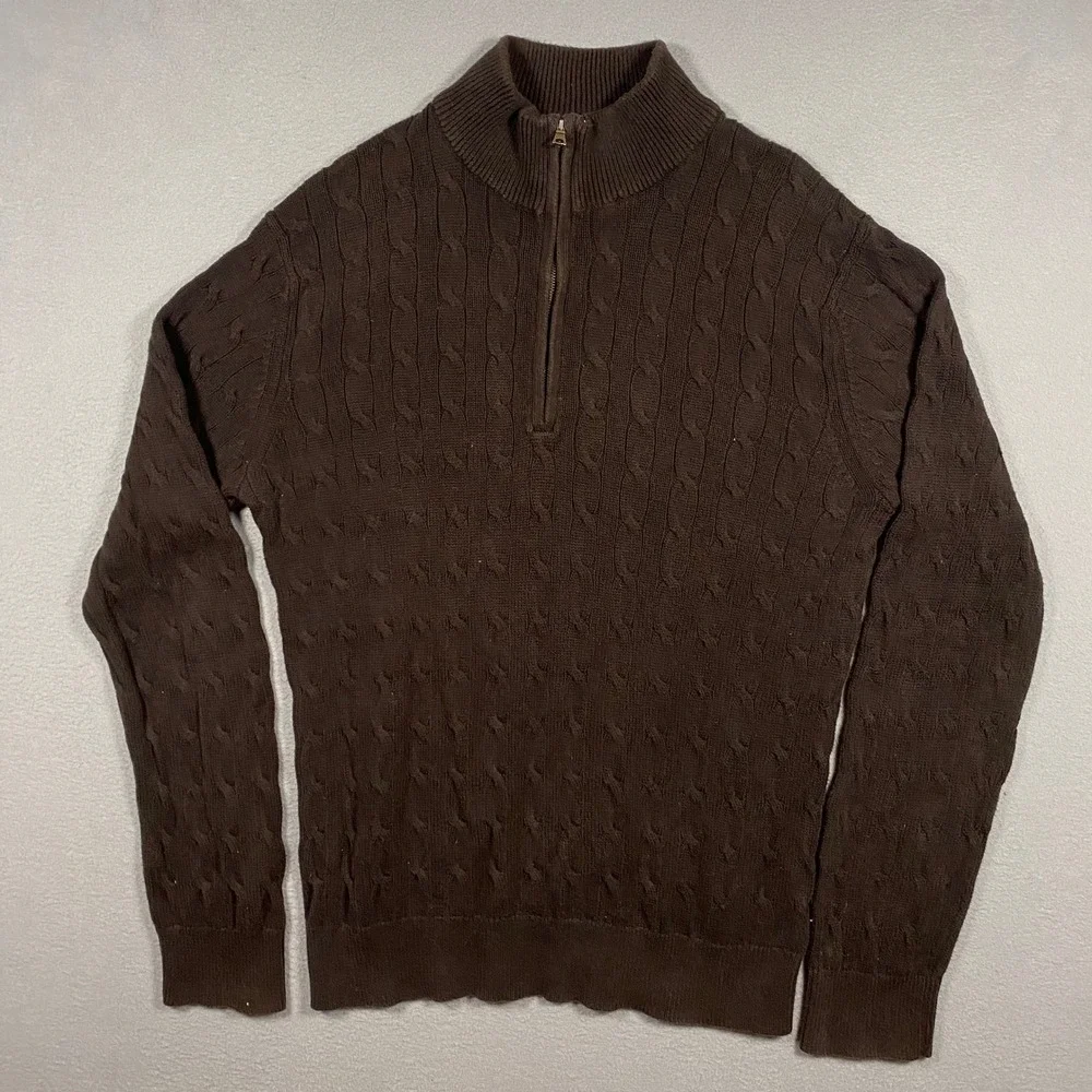Banana Republic Sweater Mens Medium Brown Cable Knit Quarter Zip Cotton Pullover